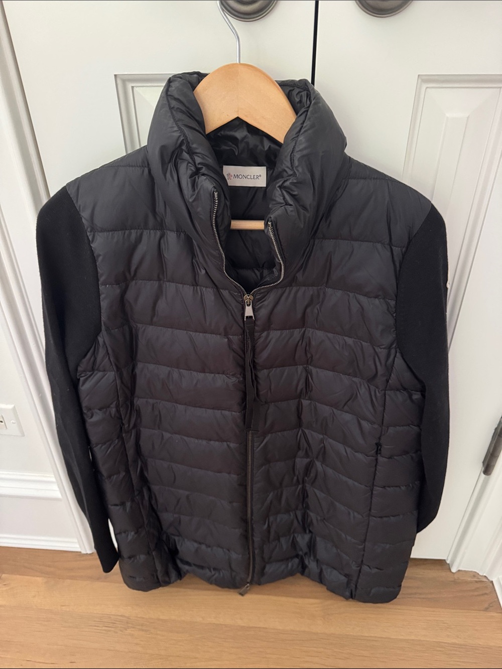Moncler Black Quilted Down Jacket with Knit Sleeves
